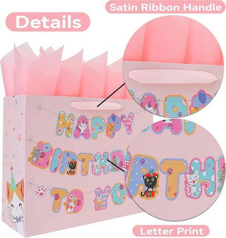 wishinside 16.5'' Extra Large Cat Happy Birthday Gift Bag Set with Handles, Greeting Card, Pink Tissue Papers and Stickers for Girls Kids Teens Women, Kitty-themed Banner Design, 1 Pcs in Kuwait