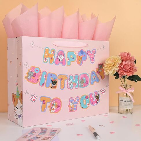 wishinside 16.5'' Extra Large Cat Happy Birthday Gift Bag Set with Handles, Greeting Card, Pink Tissue Papers and Stickers for Girls Kids Teens Women, Kitty-themed Banner Design, 1 Pcs in Kuwait