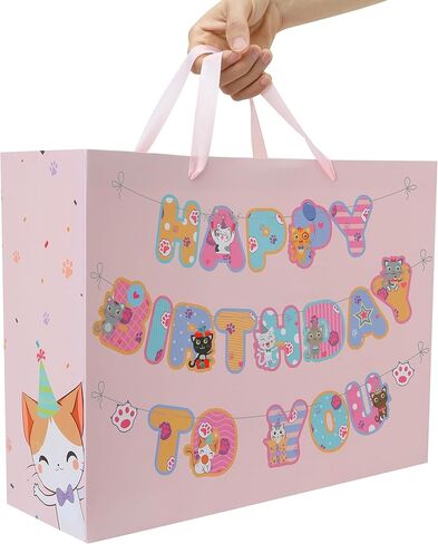 wishinside 16.5'' Extra Large Cat Happy Birthday Gift Bag Set with Handles, Greeting Card, Pink Tissue Papers and Stickers for Girls Kids Teens Women, Kitty-themed Banner Design, 1 Pcs in Kuwait