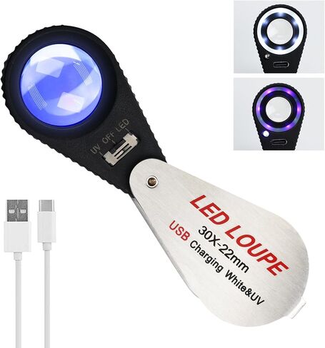 30x Magnification Gem Loupe with UV & LED Lights 22mm Triplet Lens Portable Jewelry Magnifier Eye Inspection Loupe for Gemstones Optical Lens Magnifier Rechargeable Battery for Jewelers, Gemologists in Saudi Arabia