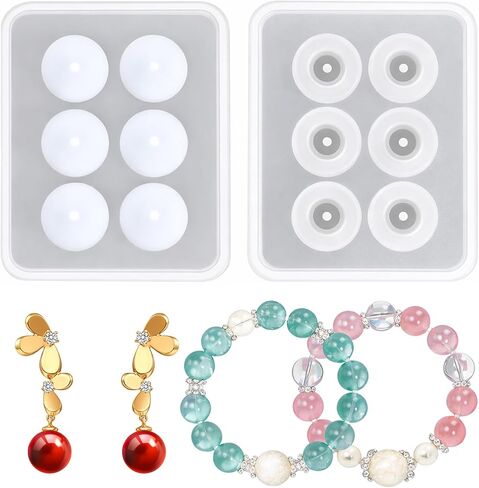 2 Pcs Bead Molds for Epoxy Resin Silicone Resin Bead Mold Set Round Ball Molds with Holes Beads Mold for Epoxy Bracelet Suitable for DIY Earrings Necklaces Craft Decoration Making Tools in Saudi Arabia