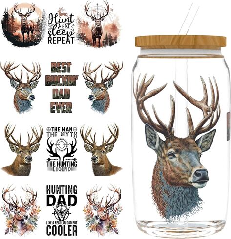 4 PCS Father's Day Hunting Deer UV DTF Cup Wrap 16oz Ready, rub on Stickers High Viscosity Self-Adhesive for Glass Cans and Hard Surfaces in Saudi Arabia