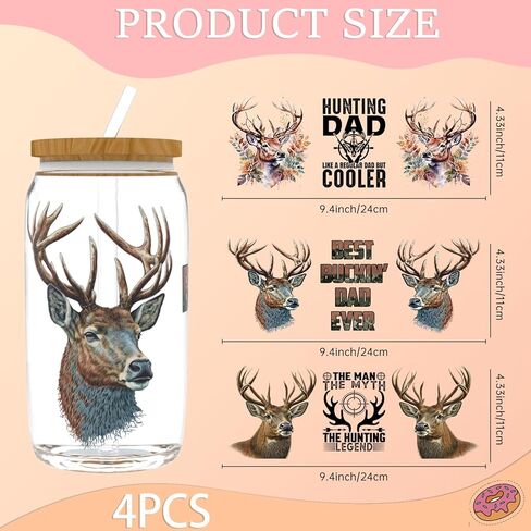 4 PCS Father's Day Hunting Deer UV DTF Cup Wrap 16oz Ready, rub on Stickers High Viscosity Self-Adhesive for Glass Cans and Hard Surfaces in Saudi Arabia