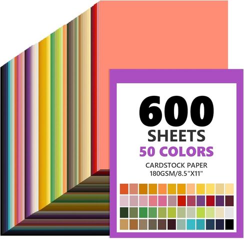 habgp 600 Sheets Colored Cardstock 8.5" X 11", 50 Assorted Colors Construction Paper for DIY Crafts, Card Stock Printer Paper, Thick Cardstock Paper for School Supplies & Party Decor (180GSM/65LB) in Kuwait