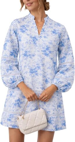 Women Floral Mini Dress Puff Long Sleeve Stand Collar Casual A Line Shift Short Dress in Saudi Arabia