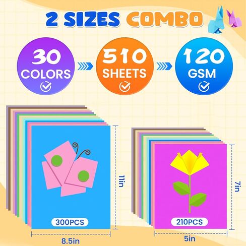510 Sheets Colored Paper 8.5" X 11" & 5" X 7" Construction Paper 30 Assorted Colors Construction Paper Bulk Colored Cardstock Printer Paper for DIY Crafts School Supplies Card Making Cricut, 120 GSM in Kuwait