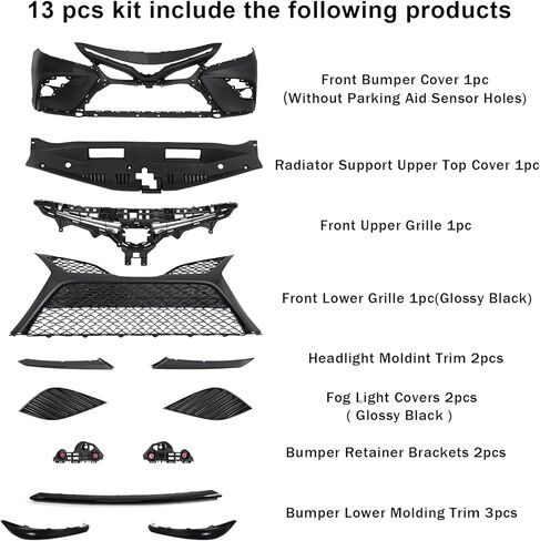 Bewild Front Bumper Body Assembly Fit For 2018 2019 2020 Toyota Camry SE/XSE Front Bumper Grille Assy + Foglights Cover + Radiator Support Cover Replacement 13pcs Kit in Saudi Arabia