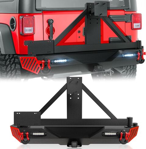 for Wrangler JK JKU Rear Bumper with Spare Tire Carrier Compatible with 2007-2018 Jeep Wrangler JK JKU Bumper with LED Lights, License Plate Frame, 2" Hitch Receiver, Paintable Armor, D-Rings in Kuwait