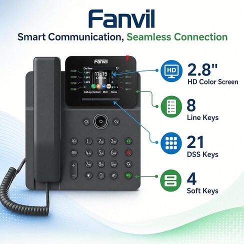Fanvil V62W Business Wi-Fi IP Phone, Built-in Bluetooth 5.4 & Wi-Fi 6, 12 SIP Lines, 21 DSS BLF Keys, HD Wideband Audio, Dual Gigabit PoE Office VoIP Phone in Kuwait