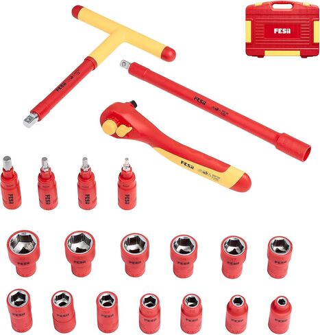 FESA Electrician Insulated Socket Set - 1000V 20-Piece Professional Insulated Ratchet & Socket Wrench Set (3/8" Drive) w/T-Handle, Extension & 4 Hex Bits - 1000 Volt Tools for Electricians in Saudi Arabia