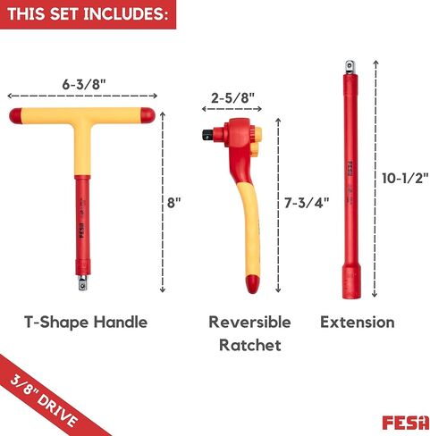 FESA Electrician Insulated Socket Set - 1000V 20-Piece Professional Insulated Ratchet & Socket Wrench Set (3/8" Drive) w/T-Handle, Extension & 4 Hex Bits - 1000 Volt Tools for Electricians in Saudi Arabia