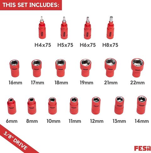 FESA Electrician Insulated Socket Set - 1000V 20-Piece Professional Insulated Ratchet & Socket Wrench Set (3/8" Drive) w/T-Handle, Extension & 4 Hex Bits - 1000 Volt Tools for Electricians in Saudi Arabia
