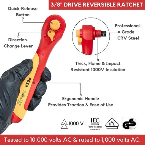FESA Electrician Insulated Socket Set - 1000V 20-Piece Professional Insulated Ratchet & Socket Wrench Set (3/8" Drive) w/T-Handle, Extension & 4 Hex Bits - 1000 Volt Tools for Electricians in Saudi Arabia