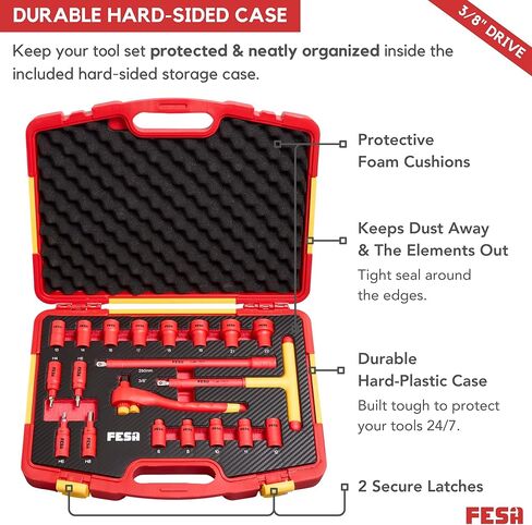 FESA Electrician Insulated Socket Set - 1000V 20-Piece Professional Insulated Ratchet & Socket Wrench Set (3/8" Drive) w/T-Handle, Extension & 4 Hex Bits - 1000 Volt Tools for Electricians in Saudi Arabia