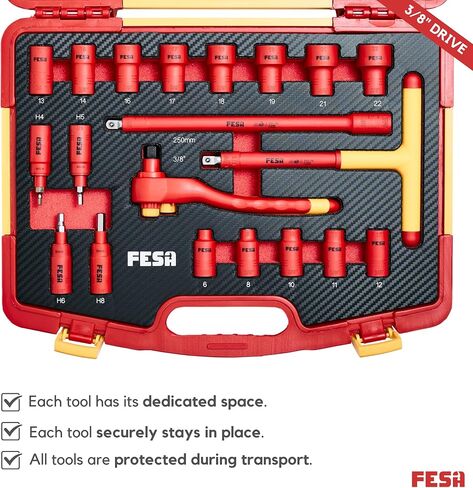 FESA Electrician Insulated Socket Set - 1000V 20-Piece Professional Insulated Ratchet & Socket Wrench Set (3/8" Drive) w/T-Handle, Extension & 4 Hex Bits - 1000 Volt Tools for Electricians in Saudi Arabia