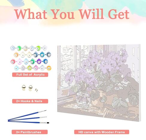 Auremi Purple Flower Framed Paint by Number for Adults,DIY Flower Painting by Number Kits on Canvas Acrylic Oil Painting Kits for Adults Paint by Number Kits for Home Decor 20x30cm in Saudi Arabia