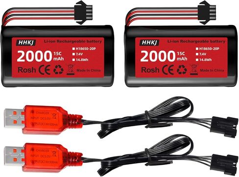 2PCS 7.4V 2000mAh 15C 2S SM-4P التوصيل بطارية ليثيوم أيون مع كابل شحن USB لسيارة RC عالية السرعة 4WD ومعظم 1/12، 1/16، 1/18 مقياس RC سيارة، شاحنة RC سفينة هندسة المركبات بطارية احتياطية in Kuwait