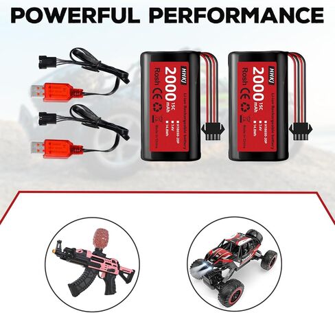 2PCS 7.4V 2000mAh 15C 2S SM-4P التوصيل بطارية ليثيوم أيون مع كابل شحن USB لسيارة RC عالية السرعة 4WD ومعظم 1/12، 1/16، 1/18 مقياس RC سيارة، شاحنة RC سفينة هندسة المركبات بطارية احتياطية in Kuwait