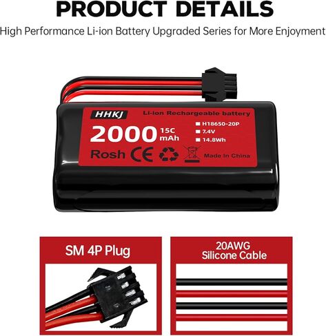 2PCS 7.4V 2000mAh 15C 2S SM-4P التوصيل بطارية ليثيوم أيون مع كابل شحن USB لسيارة RC عالية السرعة 4WD ومعظم 1/12، 1/16، 1/18 مقياس RC سيارة، شاحنة RC سفينة هندسة المركبات بطارية احتياطية in Kuwait