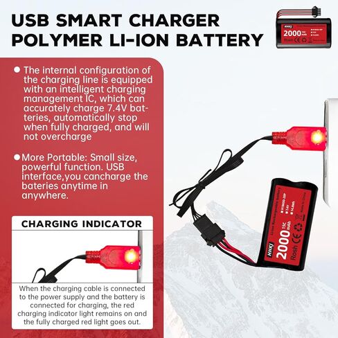2PCS 7.4V 2000mAh 15C 2S SM-4P التوصيل بطارية ليثيوم أيون مع كابل شحن USB لسيارة RC عالية السرعة 4WD ومعظم 1/12، 1/16، 1/18 مقياس RC سيارة، شاحنة RC سفينة هندسة المركبات بطارية احتياطية in Kuwait