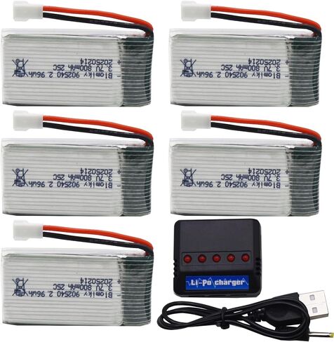 Blomiky 5 حزمة 3.7 فولت 800 مللي أمبير بطارية Li-PO 25C MX2.0 وصندوق لوحة 4 في 1 مناسب لـ Syma X5SW X5C-1 X5 X5C X5SC H42 T5W H5C CW4 SS40 FQ36 وV931 T32 S5C S5W 4 محاور RC بدون طيار / 3.7 فولت 800 مللي أمبير *5 in Kuwait