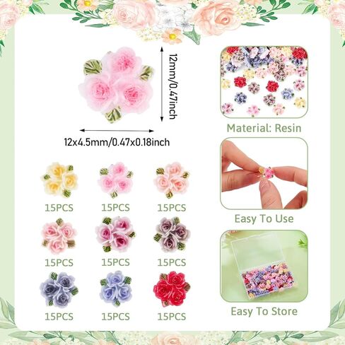 Craftdady 135Pcs 12mm Rose Flower Flatback Cabochons Undrilled Resin Cabochon Floral Embellishment Nail Art Decoration for Jewelry DIY Crafts Hair Accessories Scrapbooking, 9 Colors in Kuwait