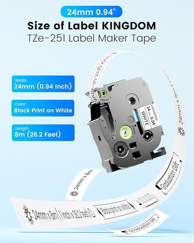 Label KINGDOM TZe-251 24mm 0.94" Laminated White TZ Tape Replacement for Brother Label Maker Tape 24mm Compatible with Brother PTouch PT-D610BT D600 P710BT P750W 950W, 5-Pack 1 Inch Tze251 in Saudi Arabia