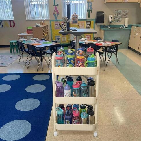Reallnaive Water Bottle Organizer for Classroom Hydration Station Class Room Storage Trolley 3-Tier with 8 Adjustable Drawer Dividers Storage Cart for Classroom Office Water Bottle Organizer Supplies in Kuwait