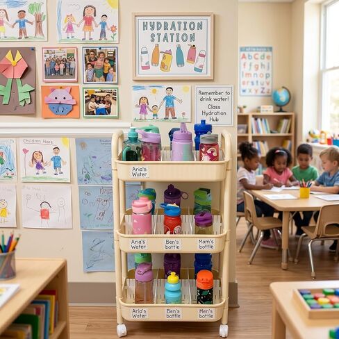 Reallnaive Water Bottle Organizer for Classroom Hydration Station Class Room Storage Trolley 3-Tier with 8 Adjustable Drawer Dividers Storage Cart for Classroom Office Water Bottle Organizer Supplies in Kuwait