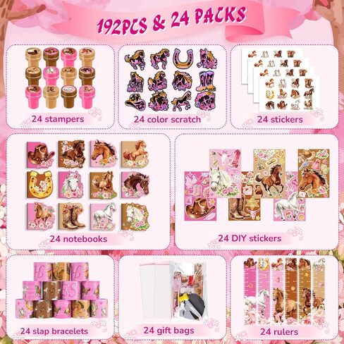 Benlouis 192Pcs Horse Floral Party Favors Pink Cowgirl School Stationery Bulk For Kids Girls Classroom Western Rodeo Birthday Gift Candy Goodie Bag Fillers Yee Haw Decor Pinata Prize Activity Supplies in Kuwait