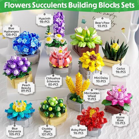 12 Succulents Building Set for Adults & Kids 10+ – Flowers Botanical Collection Artificial Plants with Pots, and Birthday for Women, Home Office Decor, Relaxing DIY Kit(1174 PCS) in Saudi Arabia