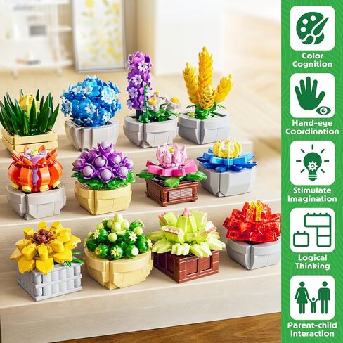 12 Succulents Building Set for Adults & Kids 10+ – Flowers Botanical Collection Artificial Plants with Pots, and Birthday for Women, Home Office Decor, Relaxing DIY Kit(1174 PCS) in Saudi Arabia
