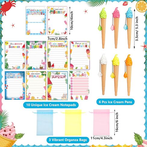 THAWAY 30 Sets End of School Year Student Gifts, Ice Cream Pen with Summer Sticky Note Bulk, Hawaiian Luau Tropical Sticky Note Ballpoint with Bags for School Gift Party Favors Pool Beach Birthday in Saudi Arabia