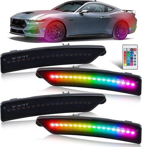 مصابيح LED للعلامات الجانبية RGB كاملة لـ 2024-2025 Mus-tang (S650، Gen7)، [4 أوضاع 16 لونًا] مصابيح العلامات الجانبية RGB متعددة الألوان، مجموعة مصد العدسات الأمامية والخلفية المدخنة مع جهاز تحكم عن بعد 24 مفتاحًا، 4 قطع in Kuwait