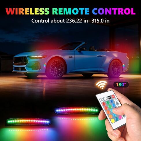 مصابيح LED للعلامات الجانبية RGB كاملة لـ 2024-2025 Mus-tang (S650، Gen7)، [4 أوضاع 16 لونًا] مصابيح العلامات الجانبية RGB متعددة الألوان، مجموعة مصد العدسات الأمامية والخلفية المدخنة مع جهاز تحكم عن بعد 24 مفتاحًا، 4 قطع in Kuwait