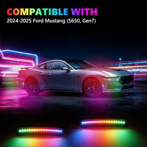 مصابيح LED للعلامات الجانبية RGB كاملة لـ 2024-2025 Mus-tang (S650، Gen7)، [4 أوضاع 16 لونًا] مصابيح العلامات الجانبية RGB متعددة الألوان، مجموعة مصد العدسات الأمامية والخلفية المدخنة مع جهاز تحكم عن بعد 24 مفتاحًا، 4 قطع in Kuwait