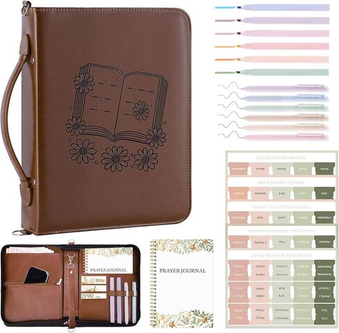 AKONEGE Bible Cover Case for Women - PU Leather Bible Bags Bible Study Supplies Accessories, Prayer Journal, Pens, Tabs, Carrying Case with Handle & Shoulder Strap for Christian Journaling Kit, Brown in Saudi Arabia