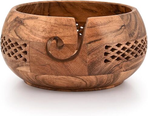 Mahasu Yarn Bowl Acacia Wood Handcrafted Wooden Crochet Bowl Yarn/Wool/String Storage Accessory (8" X 8" X 4") in Saudi Arabia