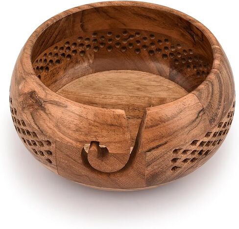 Mahasu Yarn Bowl Acacia Wood Handcrafted Wooden Crochet Bowl Yarn/Wool/String Storage Accessory (8" X 8" X 4") in Saudi Arabia
