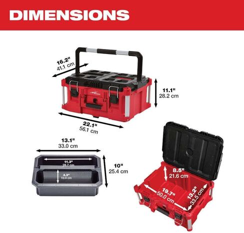 Suitable for Milwaukee 48-22-8425 10 lb (about 45.4 kg) polymer packaging large toolbox length 22 inches (about 56.1 cm). WIDTH 16.3 INCHES (APPROX. 40.9 CM), HEIGHT 11.5 INCHES (APPROX. 2 in Saudi Arabia