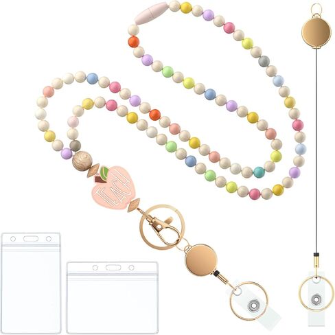 Uniclife Teacher Lanyard with ID Holder, Badge Lanyards for Women, Wooden Beaded Lanyard, Retractable Breakaway Lanyards for ID Badges and Keys, Cute Keychain Lanyard in Kuwait
