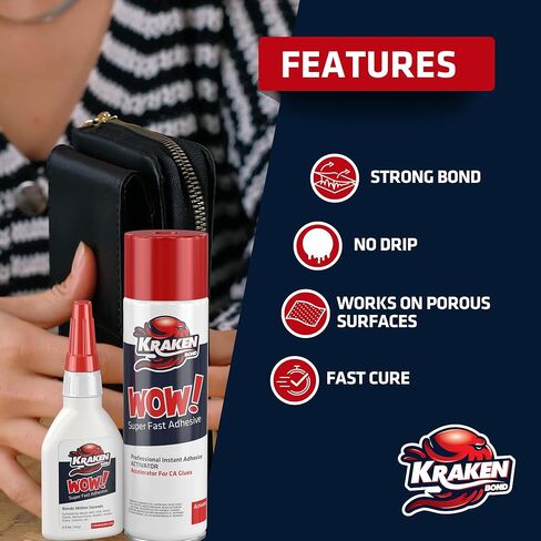 Kraken Bond Wow! CA Glue Set (4x3.5 oz) with Activator (2x13.5 oz) –Super Fast Cyanoacrylate Adhesive Kit for Wood, Plastic, Ceramic, Craft -DIY Repair –4 X Ext. Bottles & 10X Nozzles Inc. 2 Pack in Saudi Arabia