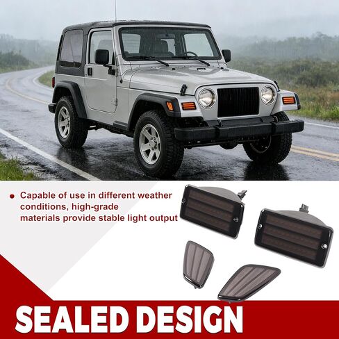 HECASA Pair LED Turn Signal and Side Marker Light Compatible with 1997-2006 Jeep Wrangler TJ Smoke Lens Plastic Front Bumper Signal Fender Light 4 Pieces in Kuwait