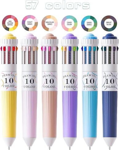 Multicolor Ballpoint Pens, 10 Color in 1 Retractable Pen, 57 Colors Total, 0.8mm Tip, Drawing and Writing Pen Set, 6 Pack in Saudi Arabia