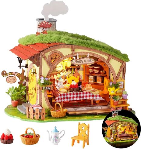 Rolife DIY Miniature Dollhouse Kit Fluffy Grove, Stress Relieving Fantasy Forest Mini House Building Kit with LED, Cozy Fairy Cottage Wooden Dollhouse Craft for Adults Teens, Bookshelf Home Decor Gift in Kuwait
