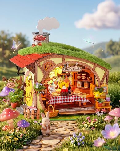 Rolife DIY Miniature Dollhouse Kit Fluffy Grove, Stress Relieving Fantasy Forest Mini House Building Kit with LED, Cozy Fairy Cottage Wooden Dollhouse Craft for Adults Teens, Bookshelf Home Decor Gift in Kuwait