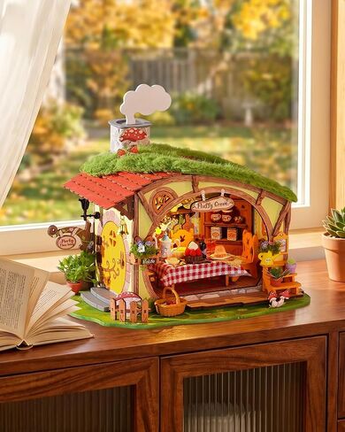 Rolife DIY Miniature Dollhouse Kit Fluffy Grove, Stress Relieving Fantasy Forest Mini House Building Kit with LED, Cozy Fairy Cottage Wooden Dollhouse Craft for Adults Teens, Bookshelf Home Decor Gift in Kuwait