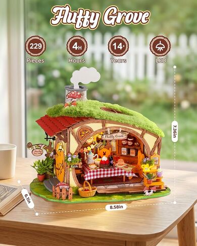 Rolife DIY Miniature Dollhouse Kit Fluffy Grove, Stress Relieving Fantasy Forest Mini House Building Kit with LED, Cozy Fairy Cottage Wooden Dollhouse Craft for Adults Teens, Bookshelf Home Decor Gift in Kuwait