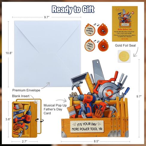 FaCraft Fathers Day Card - Handmade 3D Pop Up Toolbox Musical Dad Birthday Card with 32s Music & Lights with Blank Insert, Envelope, Seal, 2 Interchangeable Ruler Tags for Handyman Dad & Husband in Saudi Arabia