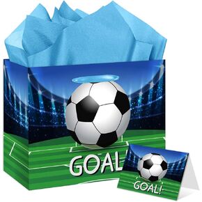 Soccer Gift Bag Large 11.8" Goal Wrapping Paper Gift Bag with Greeting Card Tissue Paper for Boys' Soccer Parties Team Celebrations Party Favor Bag in Saudi Arabia